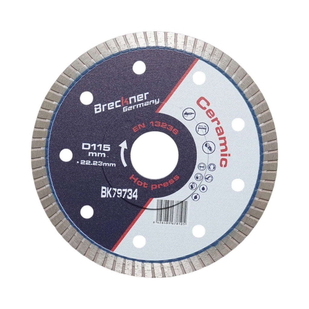 Disco diamantato turbo 115x22,23 mm, segmento 8 mm per piastrelle, maiolica, ceramica dura, marmo, granito Breckner Germany