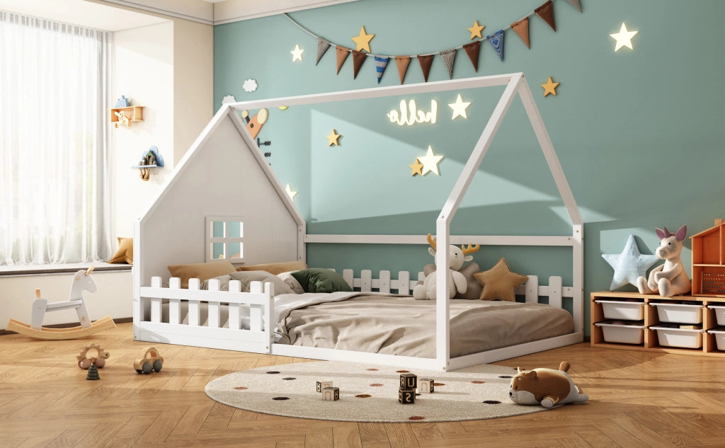 DESMIU Letto per bambini casetta 140 × 200 cm con sponda di sicurezza, senza materasso, in pino e MDF, bianco