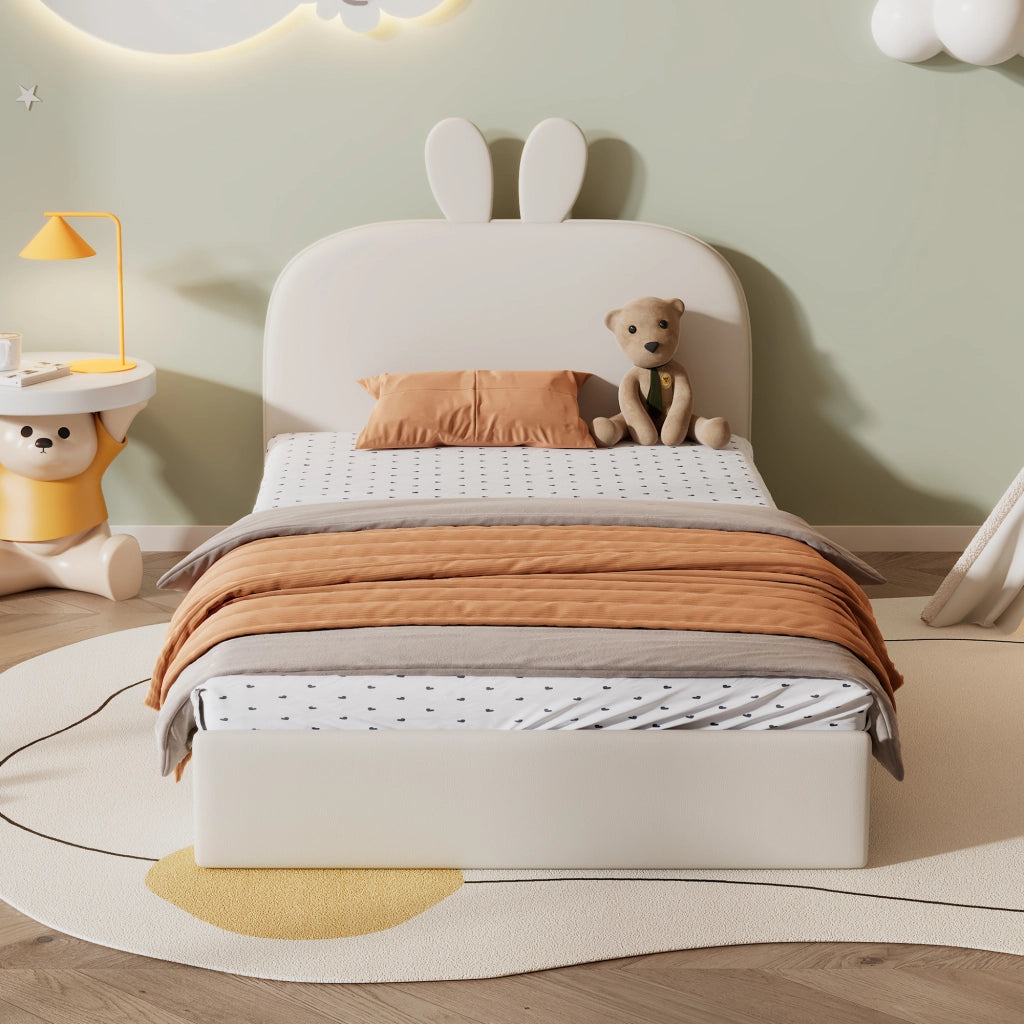 OKWISH Letto Bambini 90×200 cm, Letto Singolo con Testiera Coniglio, Doghe in Legno e Rivestimento, senza Materasso, Beige
