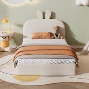 OKWISH Letto Bambini 90×200 cm, Letto Singolo con Testiera Coniglio, Doghe in Legno e Rivestimento, senza Materasso, Beige