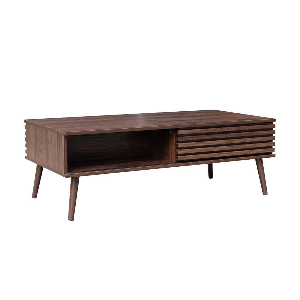 Tavolino scandinavo con ante scorrevoli, decoro in legno scanalato,