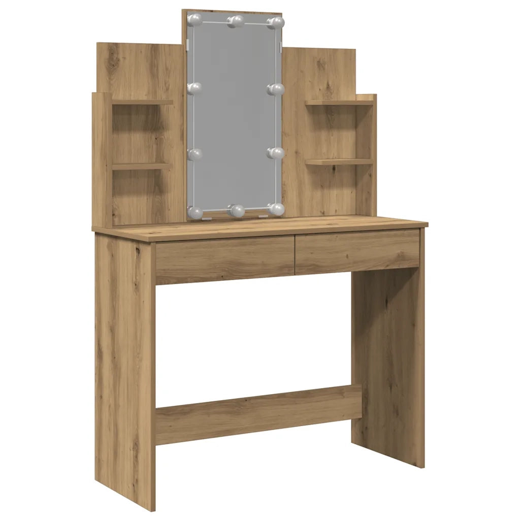 Toeletta | Tavolo da Trucco con Luci LED Rovere Artigianale 96x40x142 cm