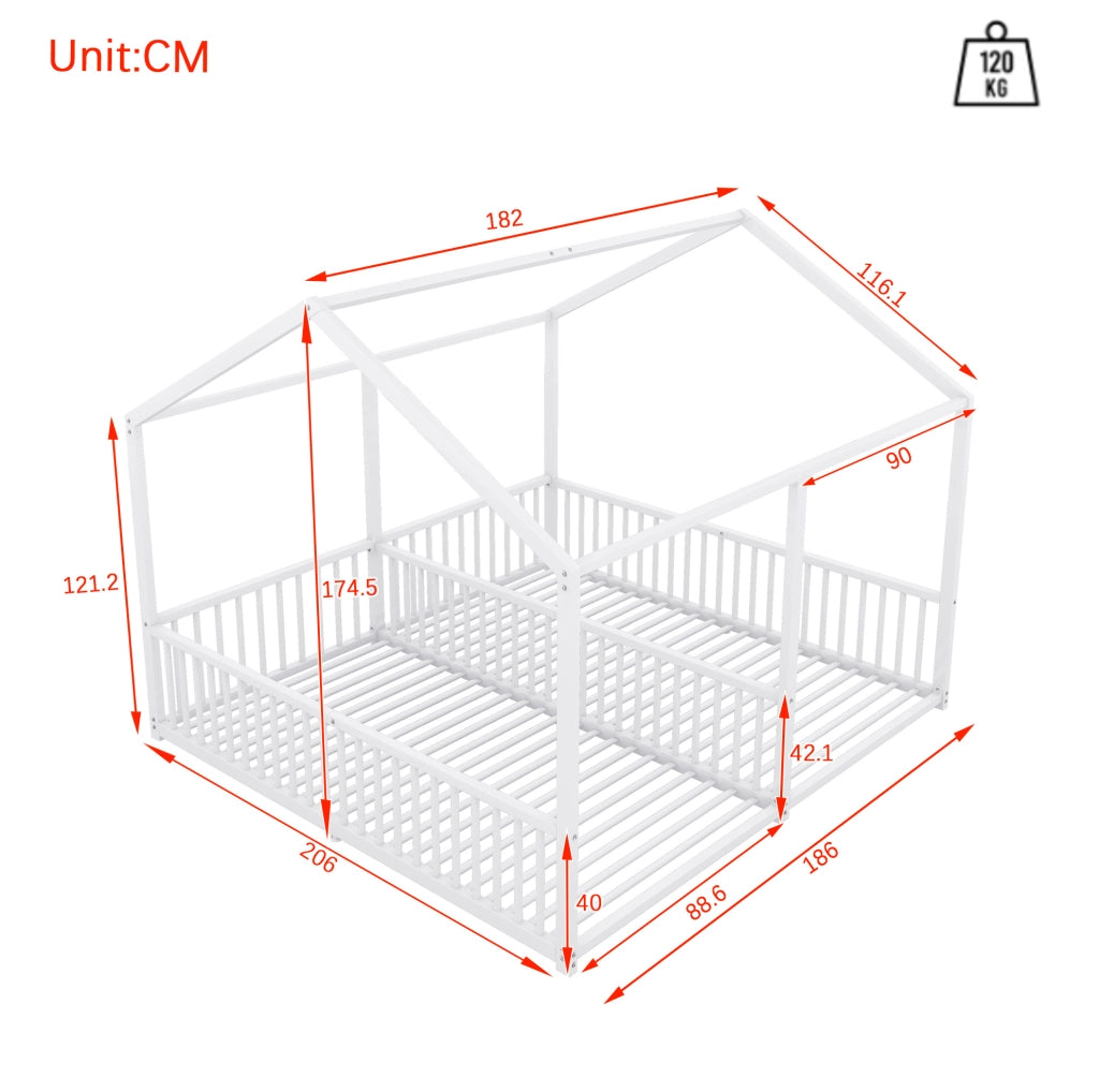 Letto per bambini in metallo a forma di casetta con sponda e scala; 90 x 200 cm; bianco