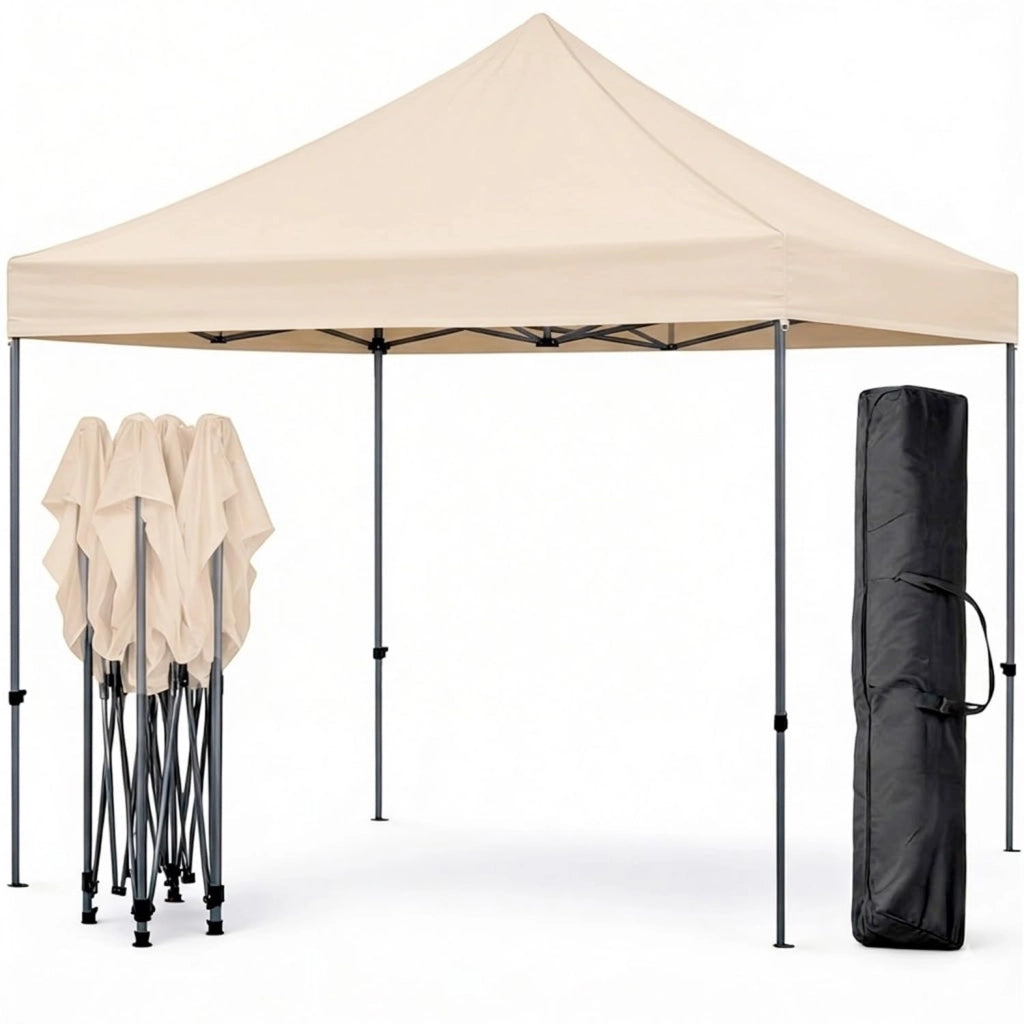 Gazebo Professionale 3x3 M Richiudibile Automatico In Acciaio Con Telo Oxford 1200D PVC Impermeabile e Anti UV Struttura a Fisarmonica con Sacche Zavorra e Borsa Trasporto Sagre Feste Eventi Colore: Beige