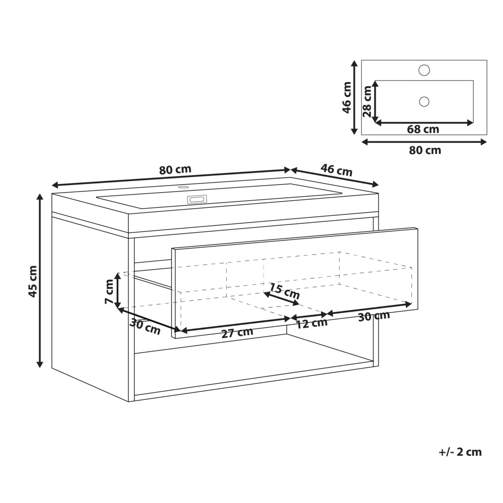 Mobile da bagno sospeso con lavabo in legno ingegnerizzato con contenitore 80 cm Marrone chiaro design moderno