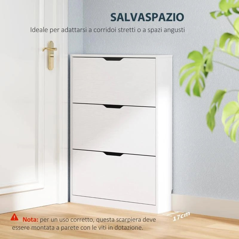 SCARPIERA SLIM A 3 CASSETTI RIBALTABILI CON INTAGLIO INFERIORE, IN LEGNO, 80X17X108 CM, BIANCO