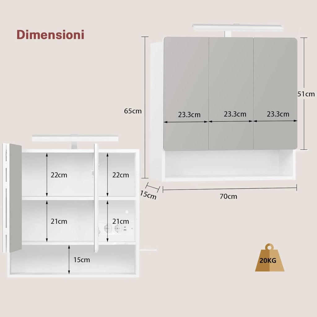Specchio Bagno Contenitore con Luce LED e Presa Elettrica, Mobile Bagno a Specchio a 3 Ante con Gancio Asciugacapelli, 3 temperature di colore dimmerabili, Ripiani Regolabili, Bianc
