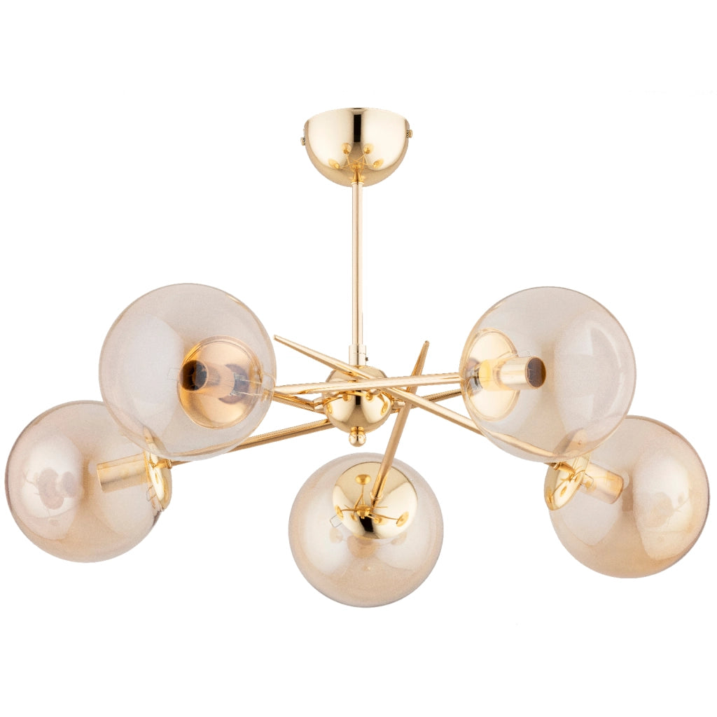 Plafoniera moderna ottone, sfere ambra 5xE14 Primery Alfa