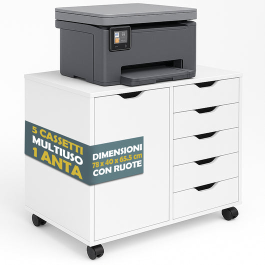 Cassettiera Mobile Ufficio Porta Stampante Salvaspazio 78x40x65,5 cm con Ruote in Legno Bianco