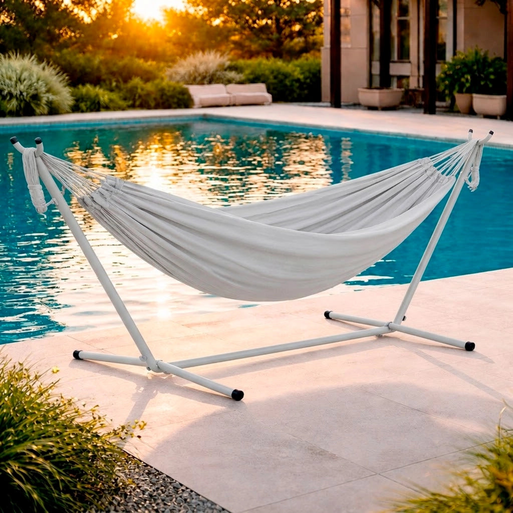 Amaca Da Giardino Con Supporto In Acciaio Portata 200 Kg Altezza Regolabile Telo Cotone Resistente Amaca Brasiliana Esterno Terrazzo Piscina Balcone Con Borsa Struttura Grigia 265 x 110 x 100 Cm Grigio