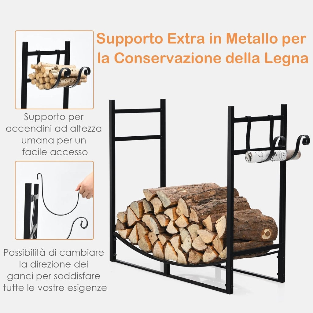 Porta Legna per Interni ed Esterni, Porta Legna per Camino in Acciaio Resistente, Portalegna da Ardere per Stufe e Braciere (84 x 33 x 76 cm, Portata 50 kg)