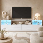 Mobile TV con illuminazione LED, 4 ante a battente, 8 vani contenitori, bianco lucido, 180 x 35 x 60 cm