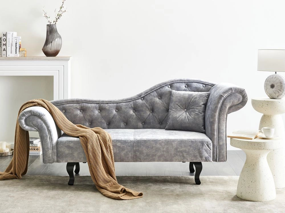 Chaise Lounge in velluto grigio imbottito a lato destro con cuscino in stile retrò tradizionale Facile da pulire Adatto agli animali domestici