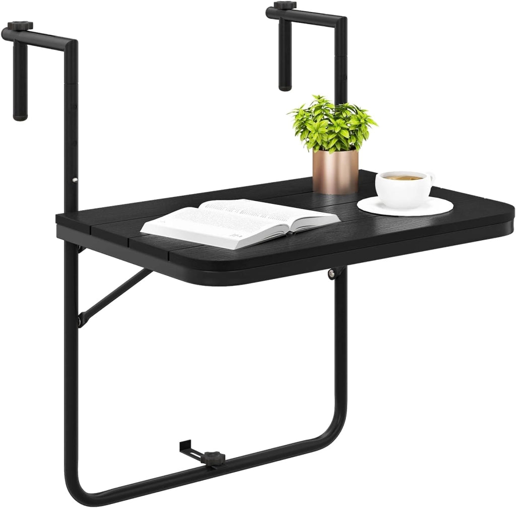Tavolino Pieghevole da Balcone Nero/Marrone, Tavolo Tavolino da Ringhiera Salvaspazio Altezza Regolabile Struttura in Metallo, 72,5x64x60 cm (Nero)