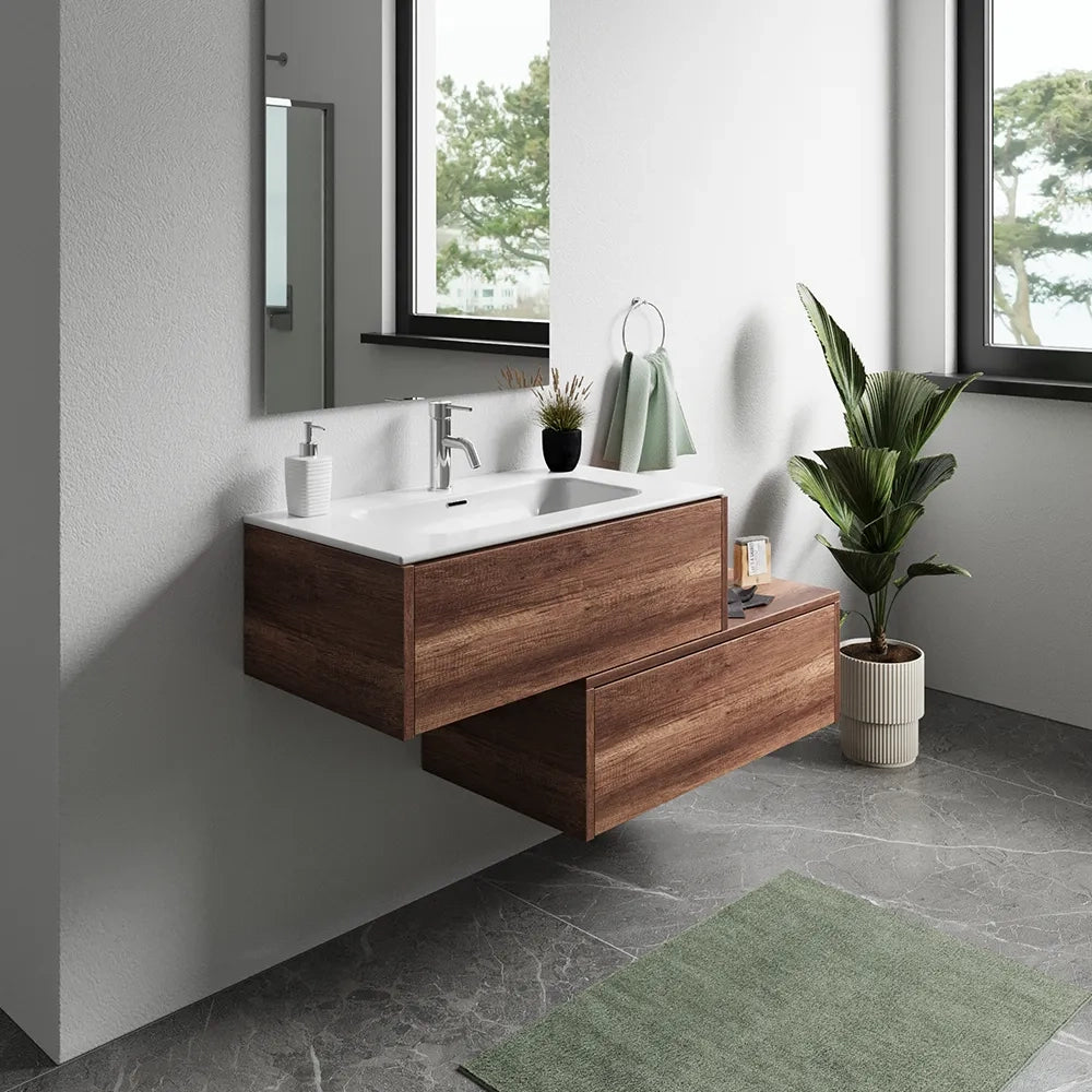 Mobile bagno sospeso modulare 80cm due cassetti apertura push&pull rovere barok con lavabo | Galdor
