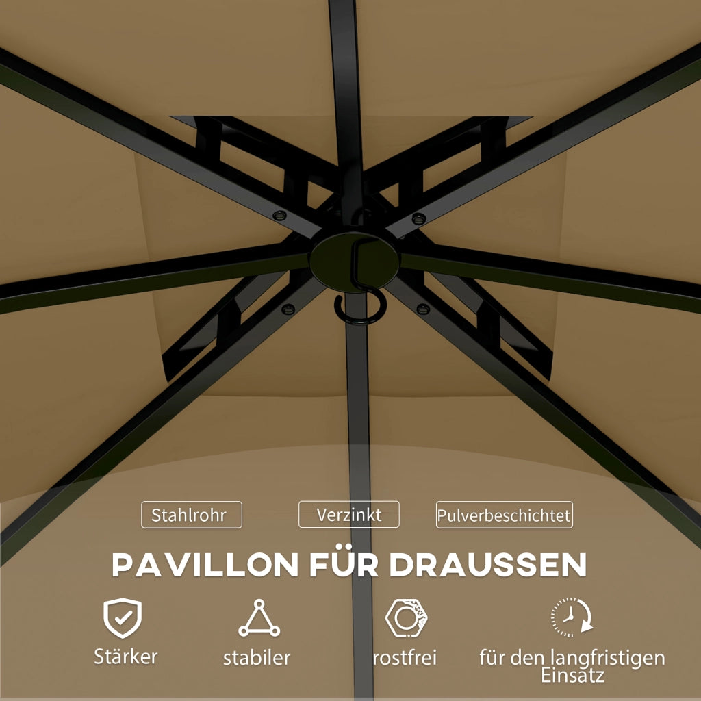 Gazebo da Giardino Con Doppio Tetto E 4 Teli Laterali; Poliestere PU; Beige; Protezione UV20+; 335×335×285 cm