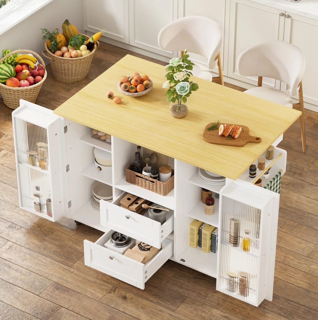 Isola cucina mobile con piano pieghevole, 2 cassetti e ruote bloccabili