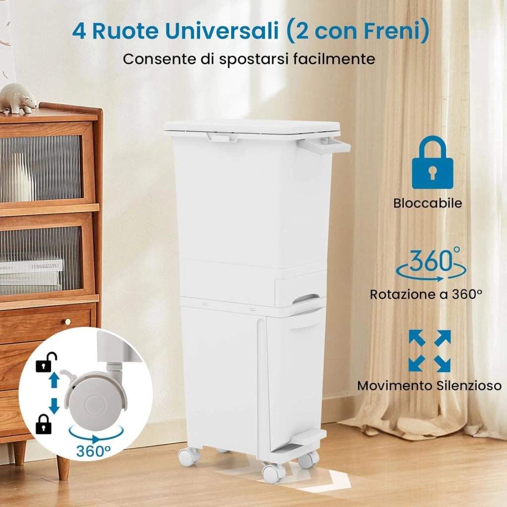 3 in 1 Pattumiera 32L, Cestino per Rifiuti con 2 Cassetti 2 Scomparti Superiori e Adesivi, Pattumiera in Plastica a Pedale per Cucina Sala da Pranzo Soggiorno, 40x26x84 cm (Bianco)