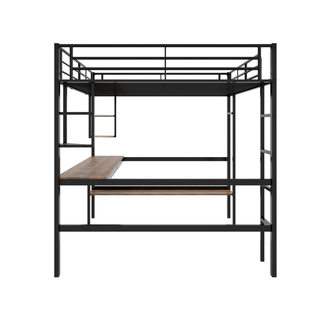 Letto a soppalco 140x200 cm con scrivania e libreria; metallo; nero (Senza materasso)