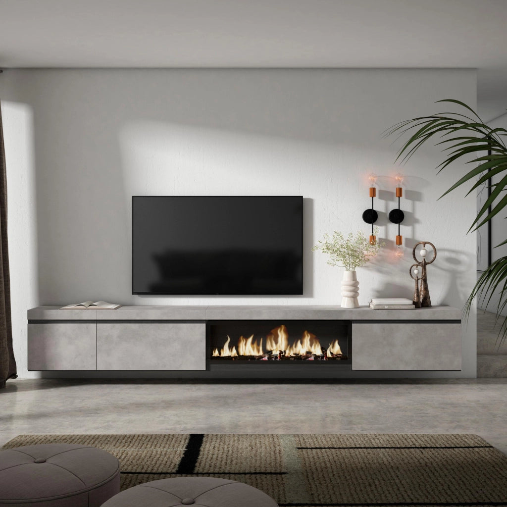 Mobile TV Soggiorno, 317x35x45cm, Camino elettrico XXL, da appendere, grigio cemento RF3669