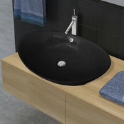 Lavello Ovale-Lavandino-Lavabo in Ceramica di Lusso Nero Troppopieno 59x38,5 cm