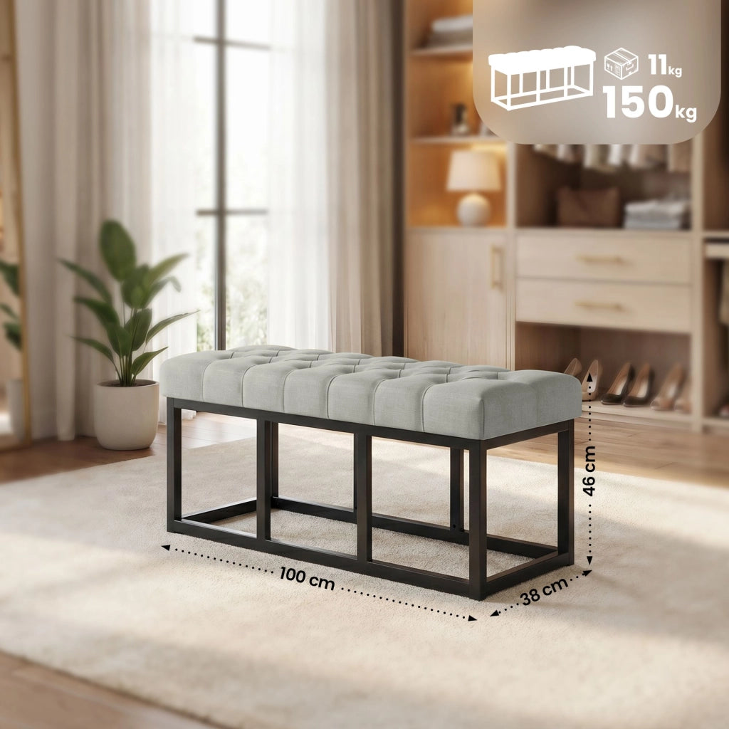 Panca design AMUN in metallo nero opaco e tessuto grigio,100 cm