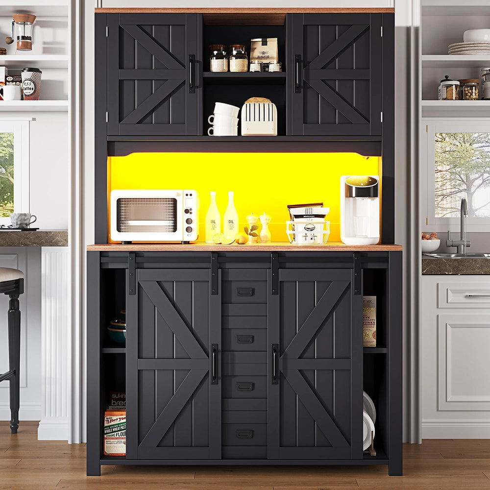 Armadio da cucina con ante scorrevoli - Xylo - 115x40x174,7 cm - Nero/Bianco - Illuminazione LED
