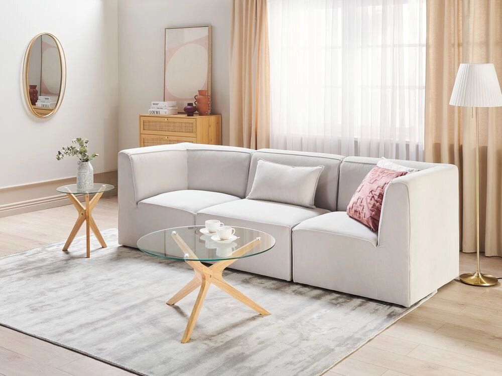 Divano modulare 3 posti con Ottomana in Velluto a coste bianco sporco stile classico salotto soggiorno