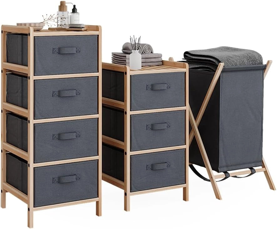 Set di mobili da bagno Bruno, Grigio, 3 parti, composto da 2 cassettiere e un cesto portabiancheria