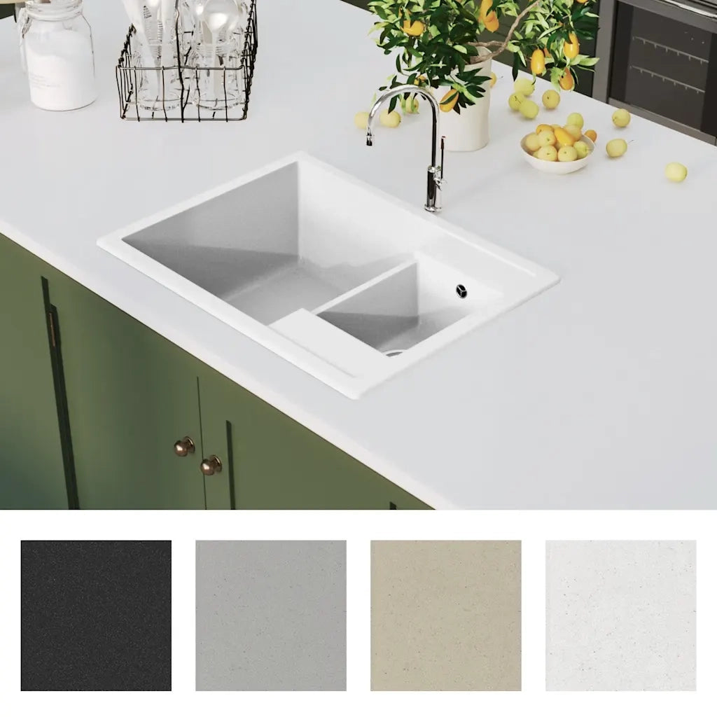 Lavello da Cucina Doppio con Foro Troppopieno-Lavandino-Lavabo Bianco in Granito