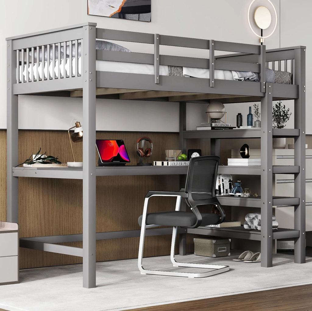 Letto a soppalco 90x200 cm con scrivania e ripiani; grigio