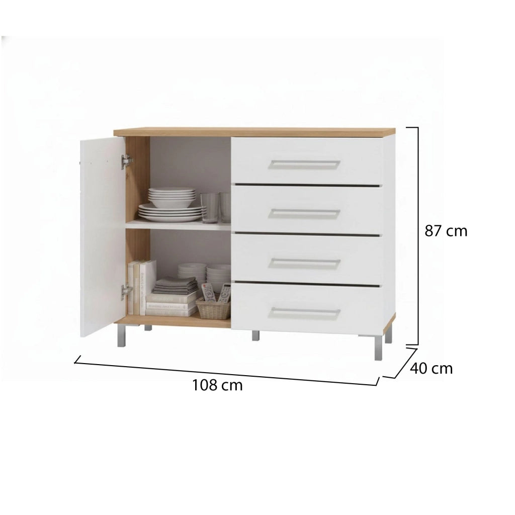 Madia Procopio, Credenza 4 Cassetti, 108x40x87h cm Bianco Rovere Nodi