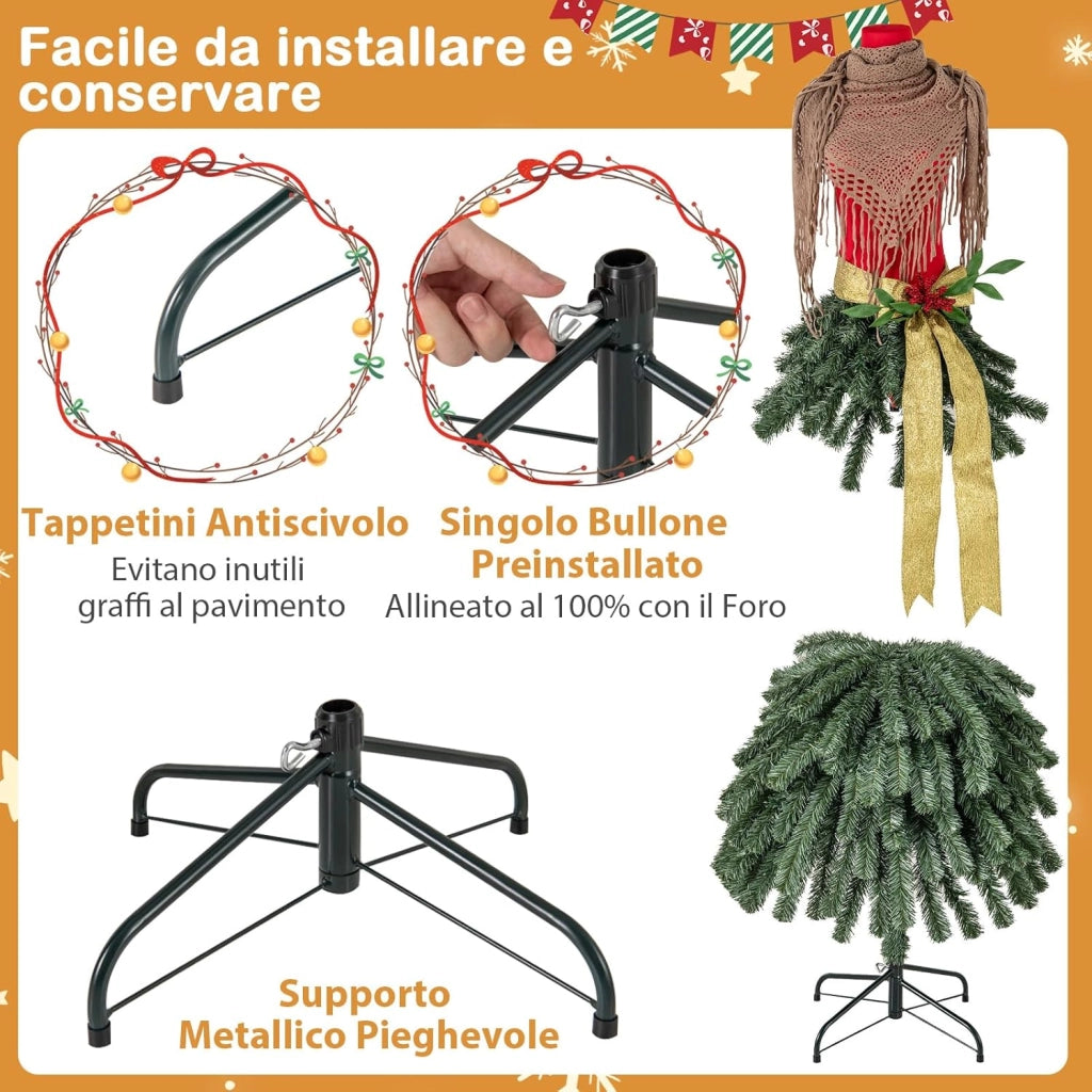 Albero di Natale Artificiale 150 cm con Manichino Pre-Illuminato, Albero di Natale a Forma di Abito con 248 Punte di Rami, 100 Luci a LED Bianche Calde, Sciarpa Rimovibile