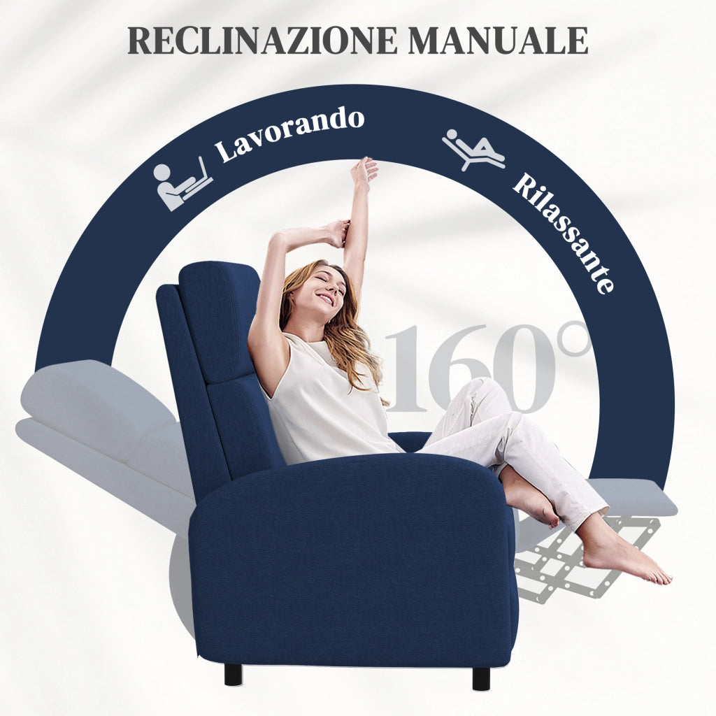 Poltrona Relax Reclinabile con Poggiapiedi in Tessuto Blu ¨C Zephmum ¨C 160¡ã Manuale