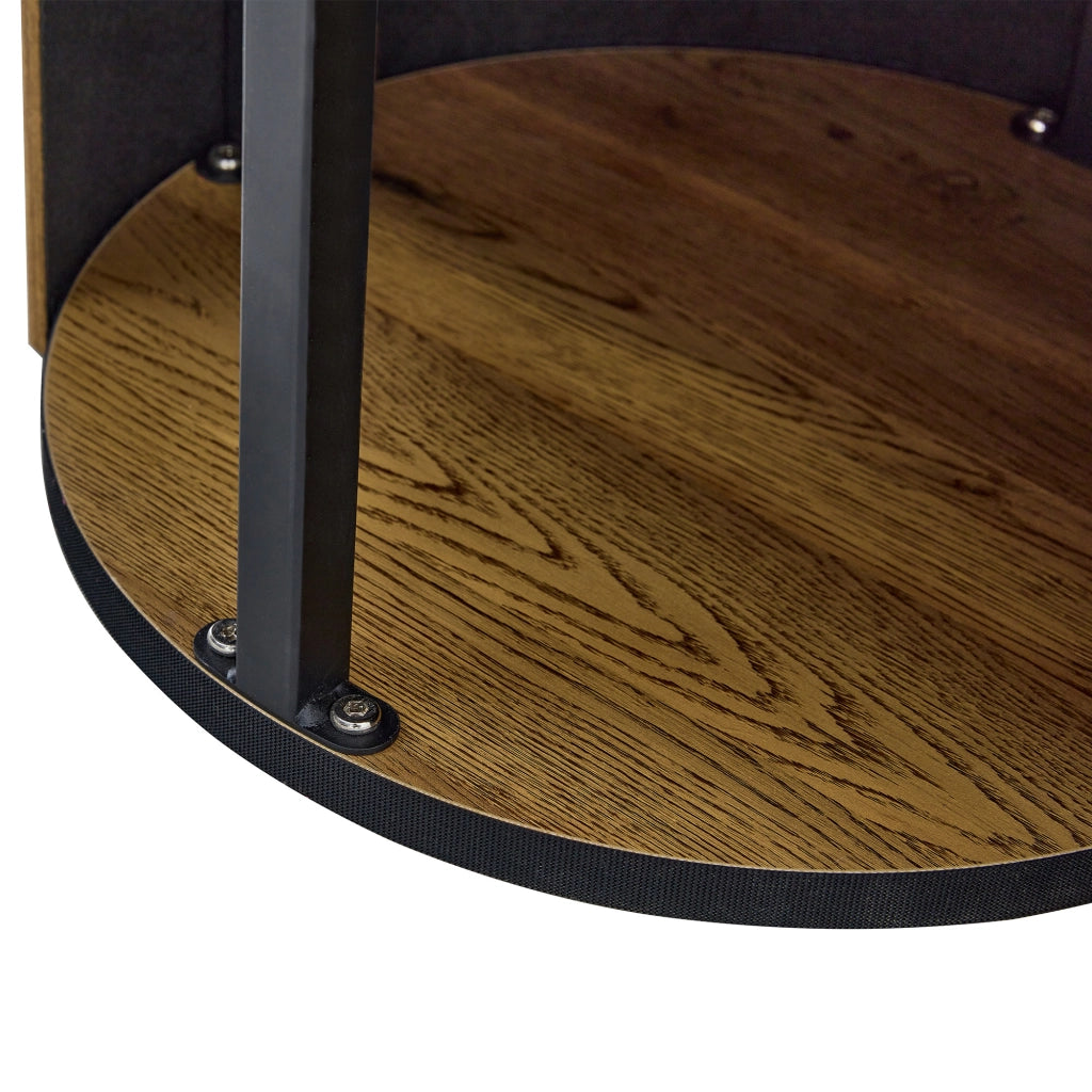 Tavolino basso rotondo in MDF con base a colonna e telaio metallico per soggiorno, effetto legno, 70 × 42 cm