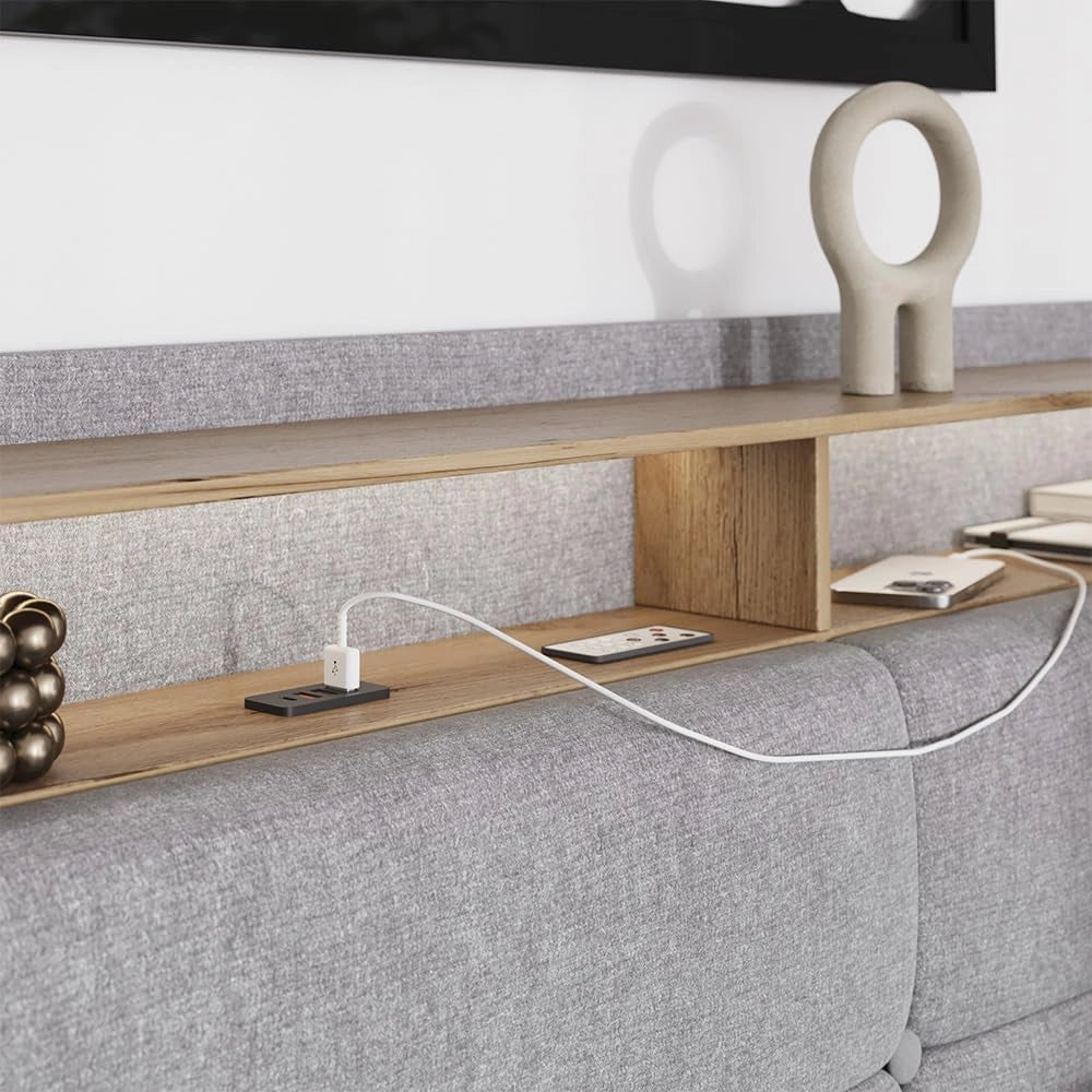 Letto imbottito Christin, Grigio/quercia, 180x200 con LED e porta USB