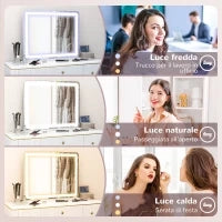 Specchio per Trucco con LED Regolabili, Ingranditore 10x, Presa USB e Comandi Touch, 80x62x14cm