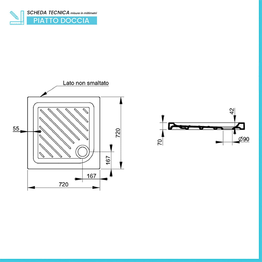 Piatto doccia 72x72 quadrato in ceramica bianco Dolomite Gemma