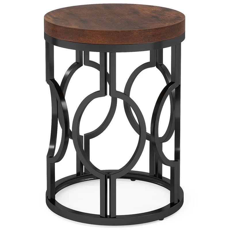 Tavolino basso rotondo stile industriale in MDF e metallo nero marrone rustico per soggiorno e camera da letto Ø45 × 50 cm