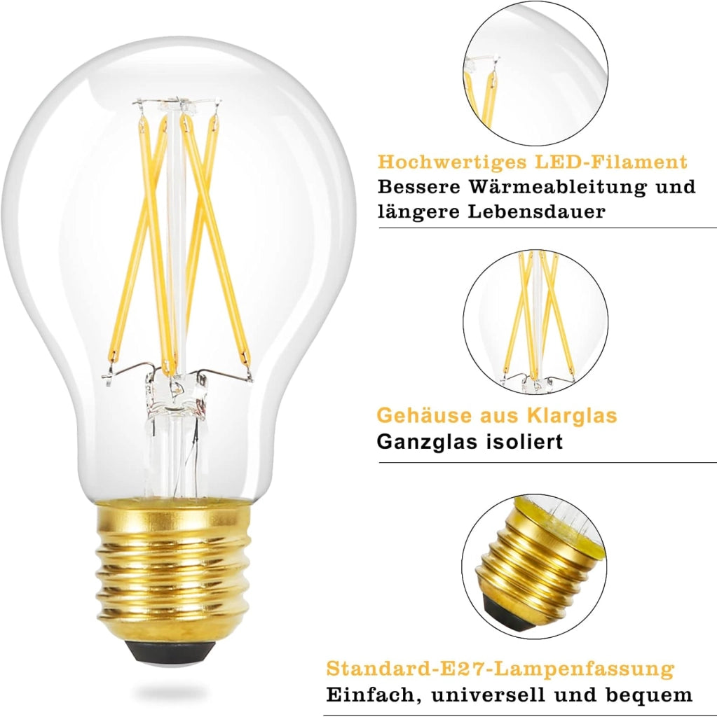ZMH Confezione da 6 lampadine LED E27 A60 4W 2700K filamento Edison vetro trasparente bianco caldo stile retrò