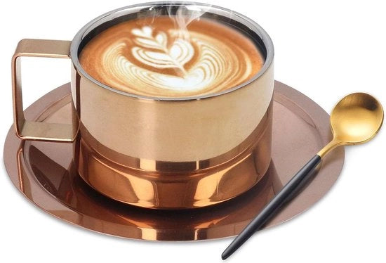 Set di tazze da caffè in acciaio inossidabile - Cappuccino con ciotola - Regalo di caffè per casa - Appassionati di caffè e tè all'aperto - Rose Gold - Set di tazze da caffè in acciaio inossidabile.