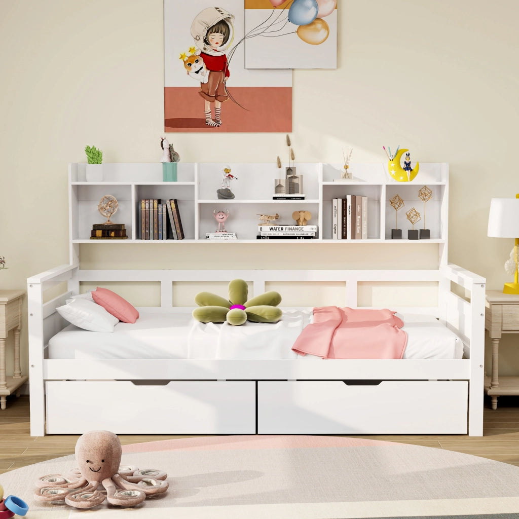 OKWISH Letto a Divano 90×200 cm, Letto Singolo con 2 Cassetti, Mensole e Scomparti, senza Materasso, in Legno, Bianco