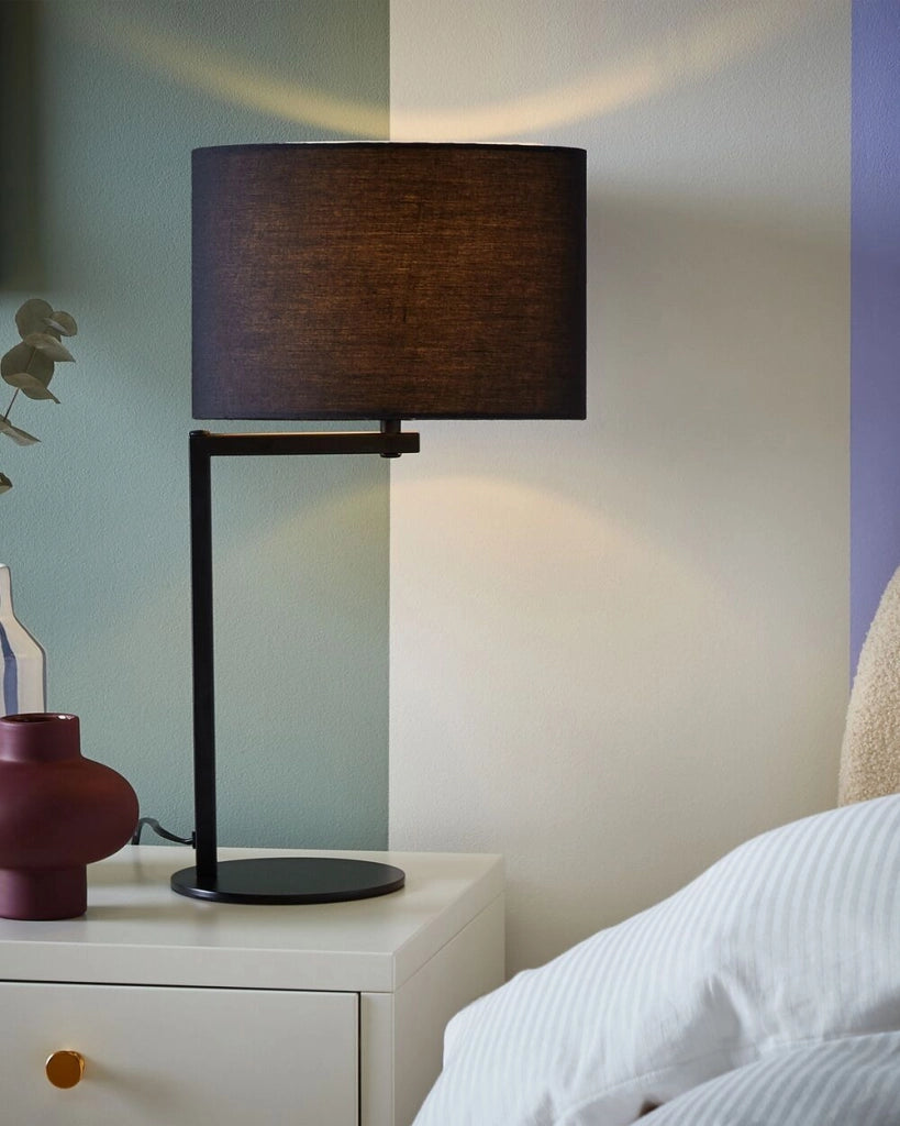 Lampada da Tavolo Nero Ferro Poliestere 49 cm Tamburo Paralume Comodino Luce da Comodino Camera da Letto Soggiorno Moderno