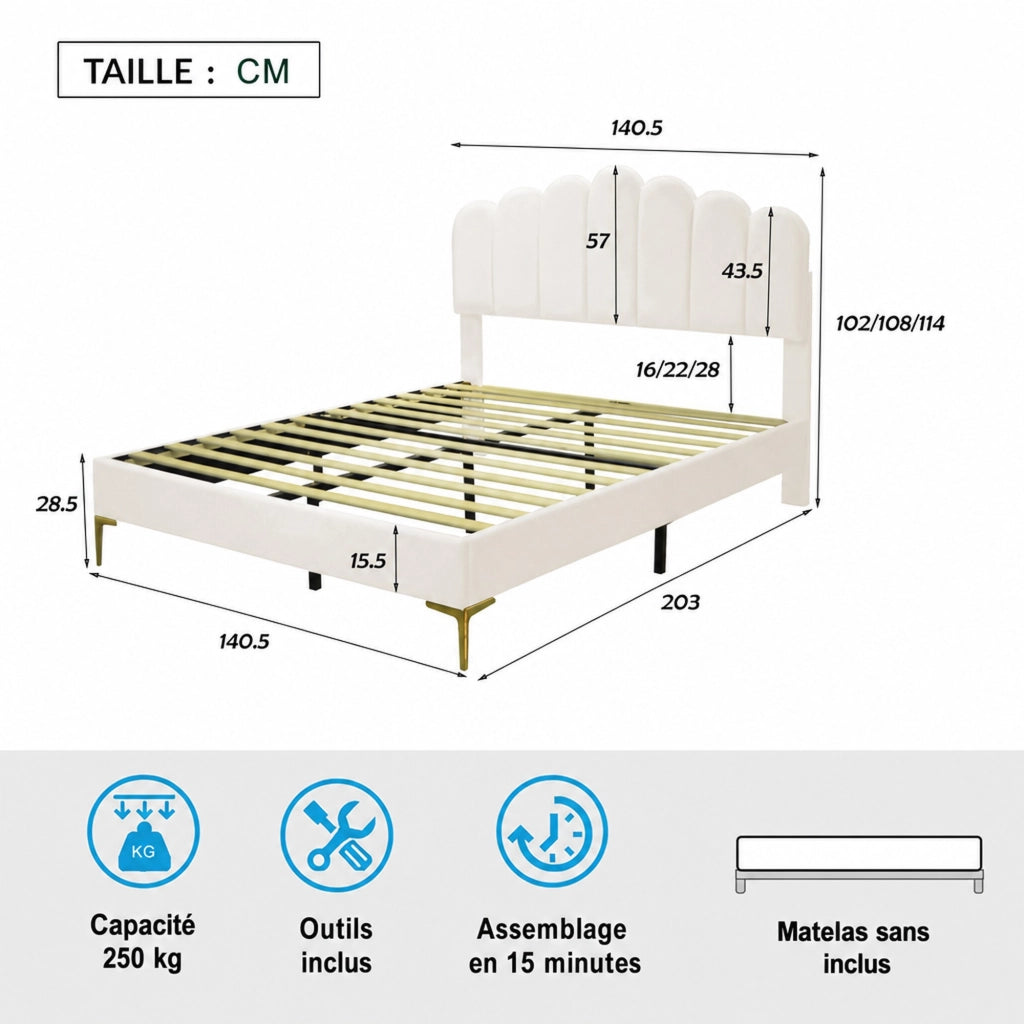 DESMIU Letto imbottito 140 × 200 cm 2 posti con testiera regolabile, 12 doghe, senza materasso, in velluto, beige