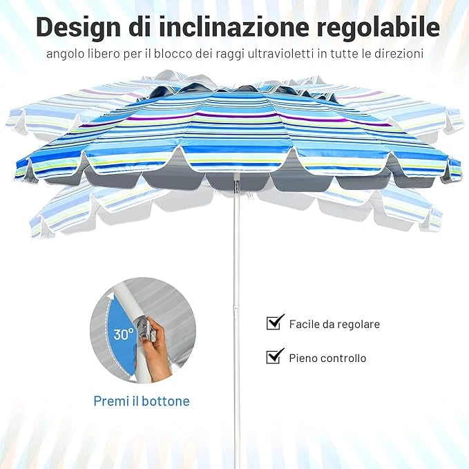 Ombrellone da Spiaggia 2,43 m, Ombrellone Portatile da Esterno con Borsa di Trasporto, con Protezione Solare, Ideale per Spiaggia, Balcone, Giardino（Blu)