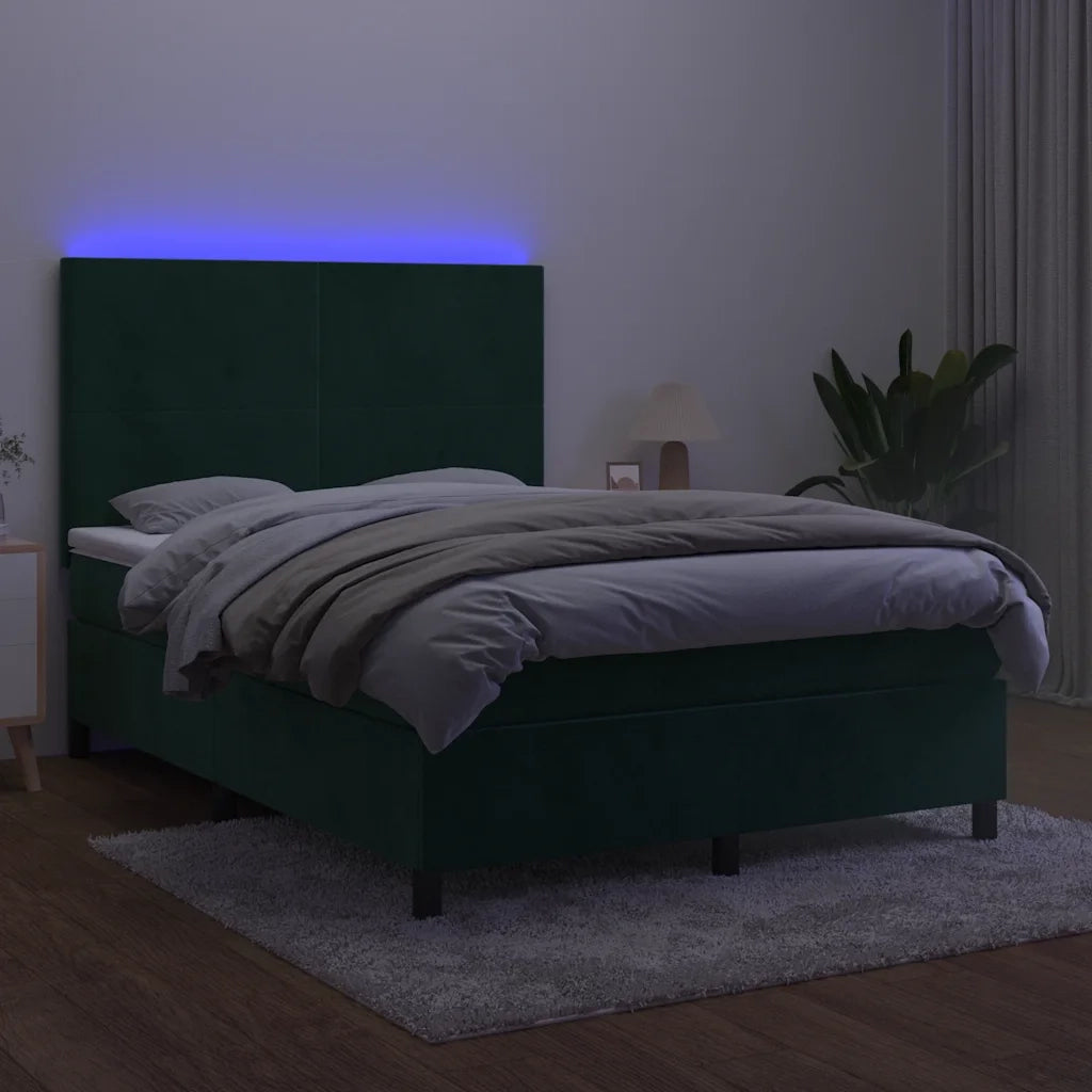 Letto a Molle con Materasso e LED Verde Scuro 140x200cm Velluto