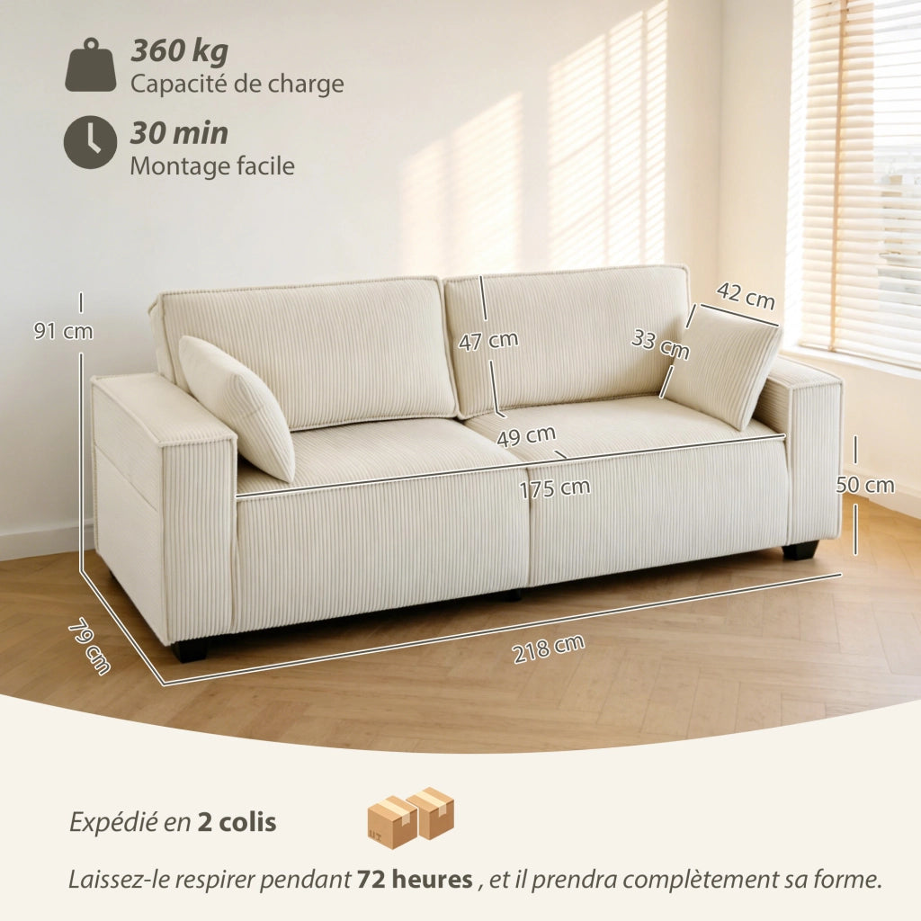 Divano 3 Posti in Velluto ¨C Zephmum ¨C 218x98x90 cm, Beige, Cuscini a Molle