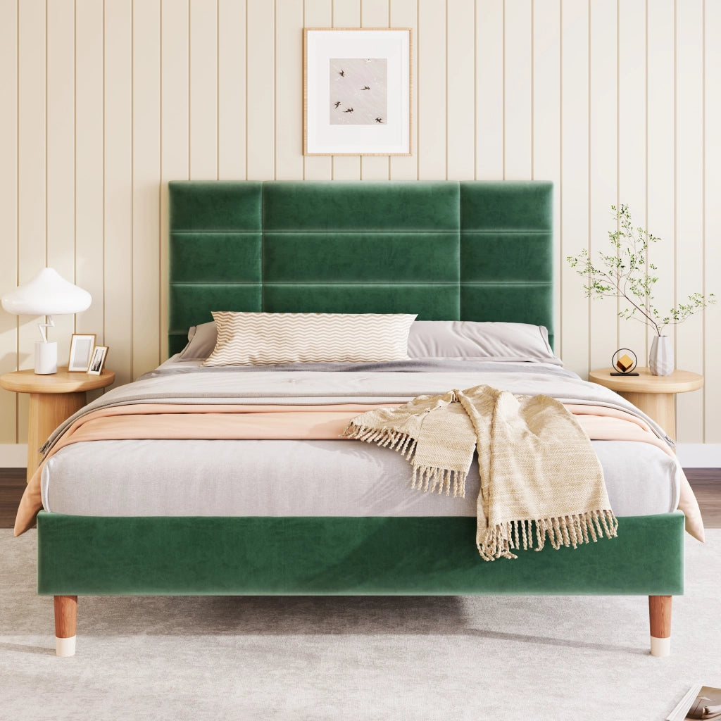 Letto matrimoniale – 140x200 cm – testiera imbottita rete – velluto verde scuro