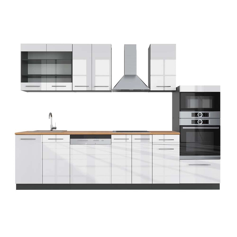 Cucina componibile Fame-Line Bianco lucido/Antracite 300 cm con armadio alto, PL Rovere Vicco