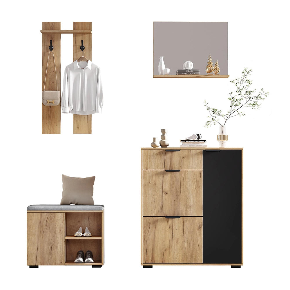 Set vestiario per corridoio - Xylo - con panchina, armadio, specchio, 2 ganci, 4 ante, 140x35x139 cm